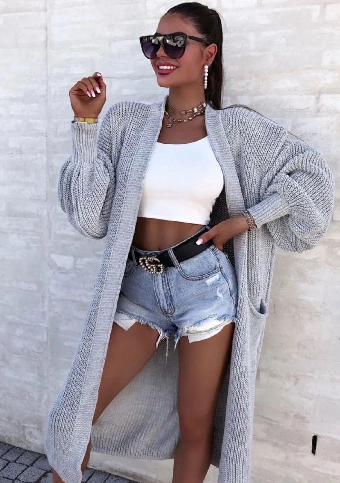 Damen Strickmantel Lang Weite Ärmel Taschen Beige