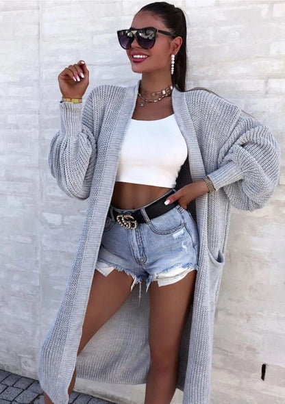 Damen Strickmantel Lang Weite Ärmel Taschen Beige