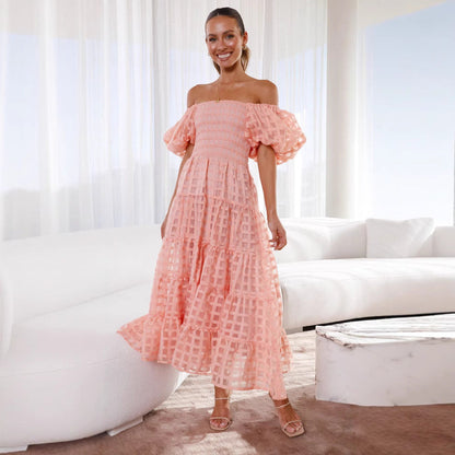 Damen Maxikleid Luftige Puffärmel Gerafftes Oberteil
