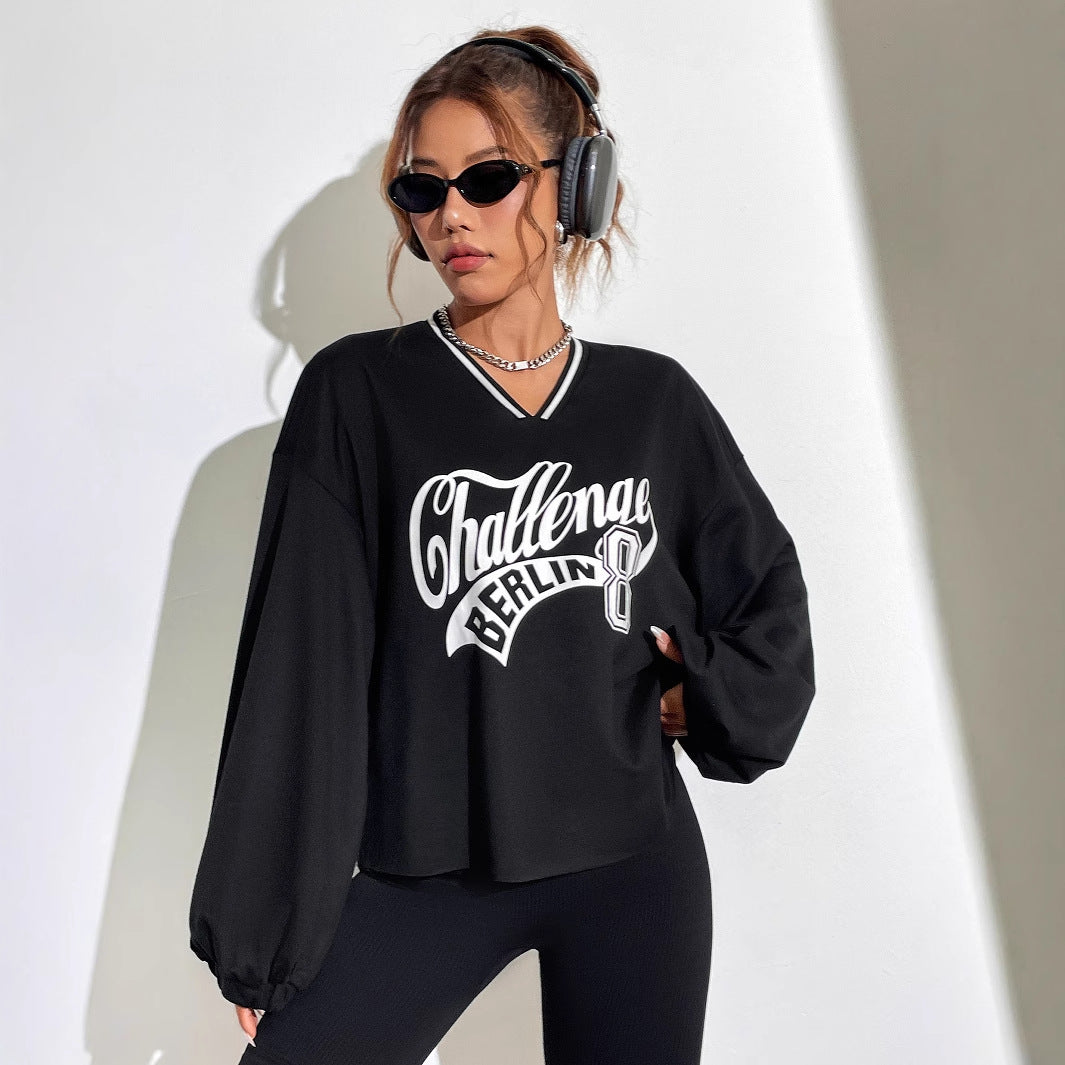 Damen Oversized Sweatshirt V-Ausschnitt Grafikprint Eveloria