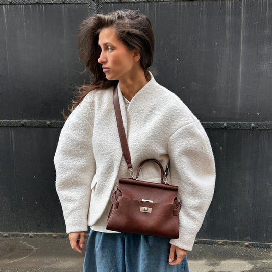 Damen Boucle-Jacke Überschnittene Schultern Knopfverschluss Schwarz - Eveloria