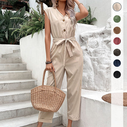 Damen Jumpsuit Taillierbarer Gürtel Knopfverschluss Schwarz Eveloria - Eveloria