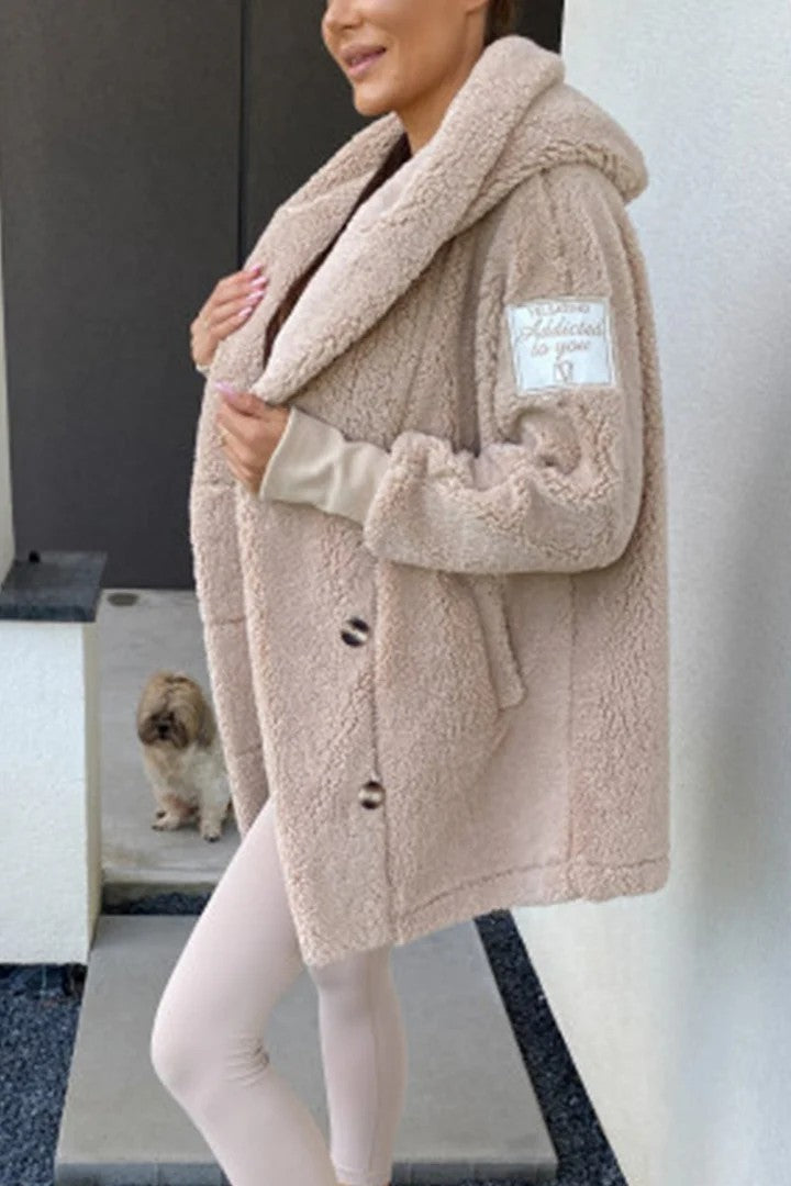Damen Teddyjacke Klassischer Kragen Praktische Taschen Braun