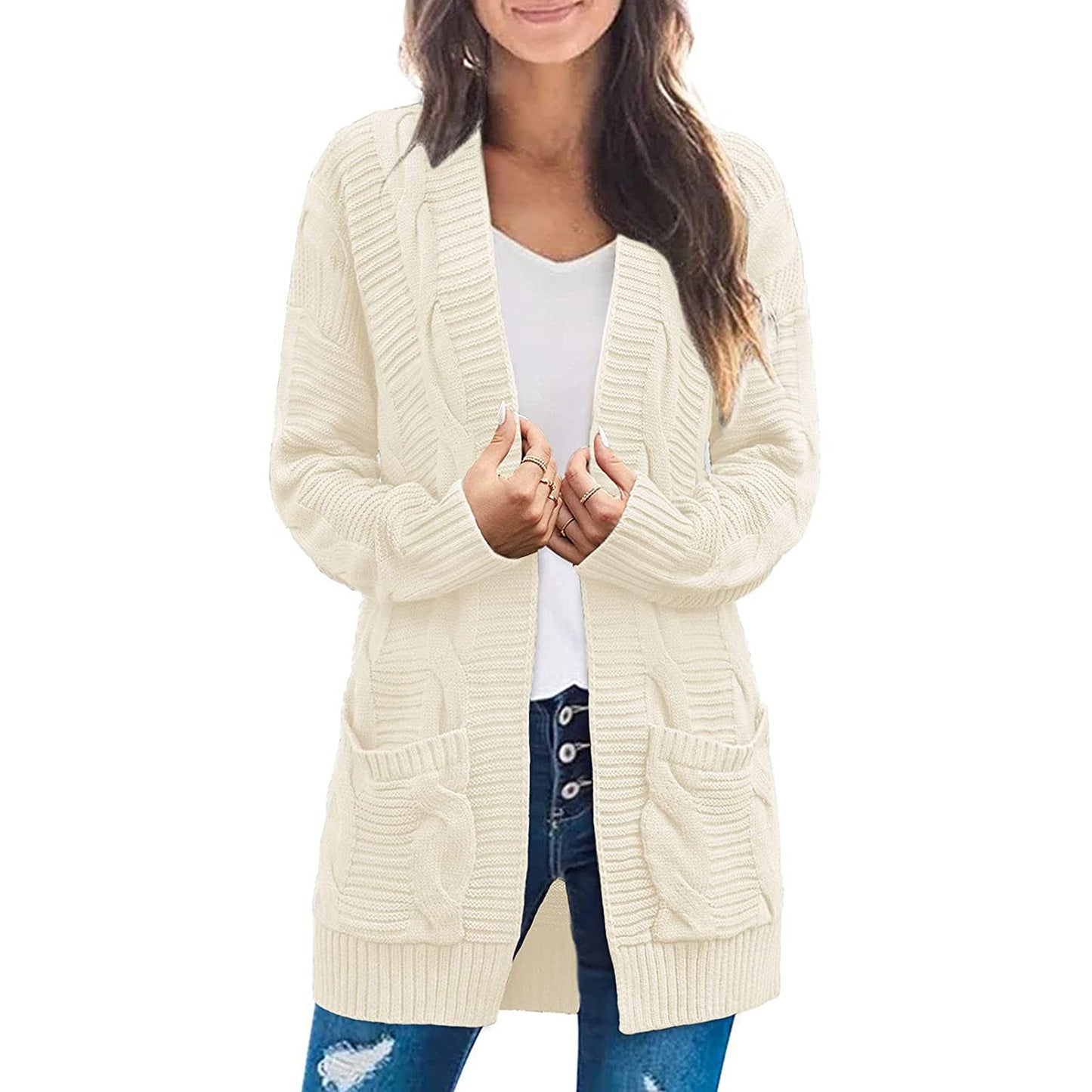 Damen Grobstrick Cardigan mit Taschen Strukturierter Look Beige