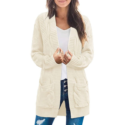Damen Grobstrick Cardigan mit Taschen Strukturierter Look Beige