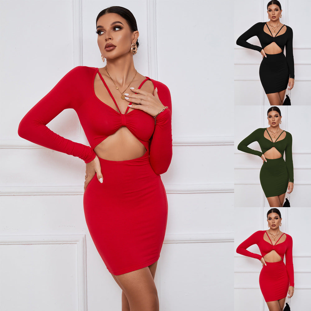 Damen Minikleid Cut-Out mit langen Ärmeln und Knoten-Detail Schwarz - Eveloria