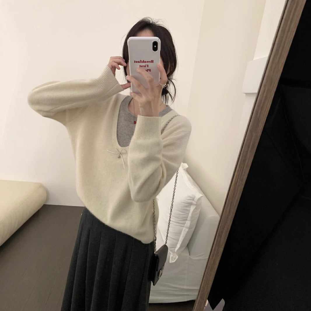 Damen Pullover V-Ausschnitt Schleifenapplikation Elegantes Design