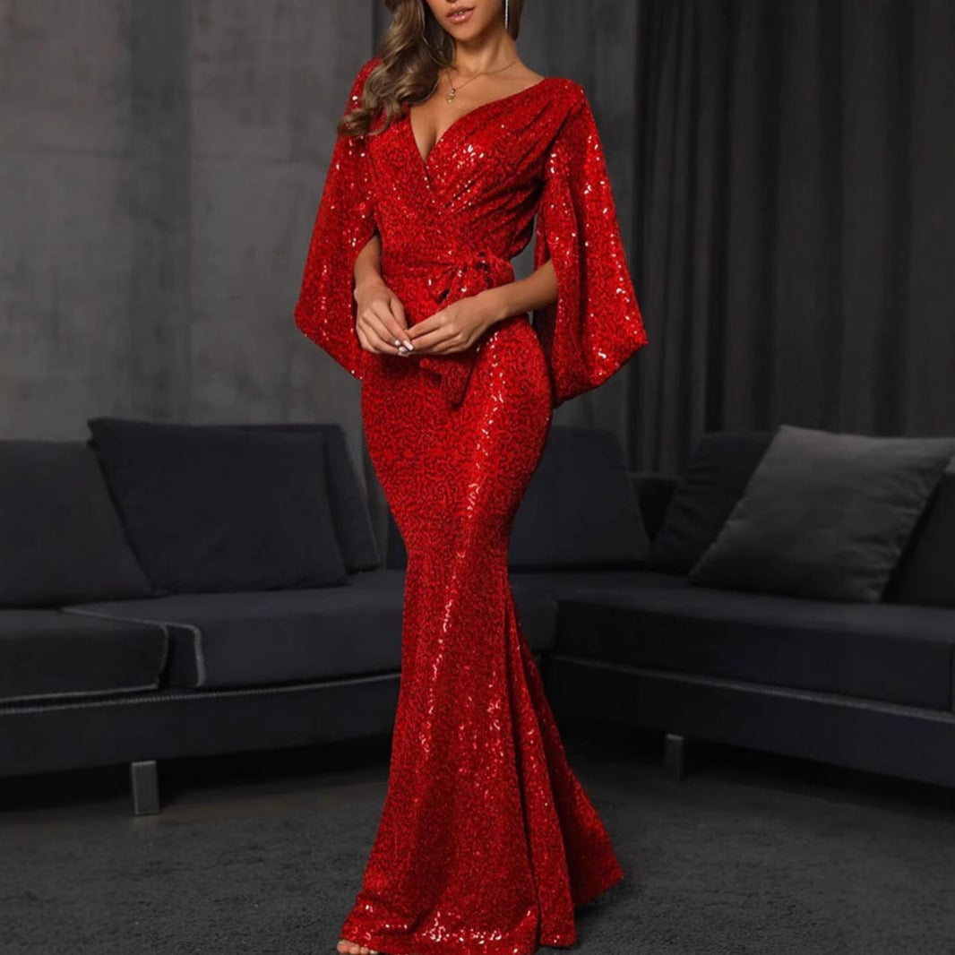 Damen Abendkleid Pailletten V-Ausschnitt Eveloria - Eveloria