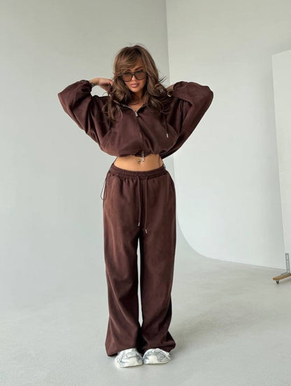 Damen Velours Jogginganzug Set Kapuze Weite Passform Eveloria