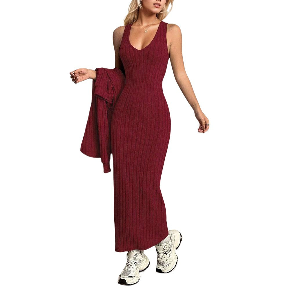 Damen Maxikleid Rippenstrick V-Ausschnitt Figurformend