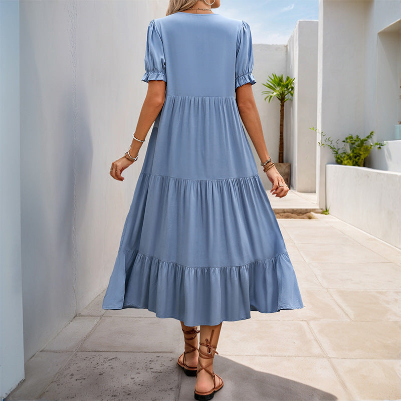 Damen Maxikleid mit Knopfverschluss und Schwingrock Baumwolle Blau