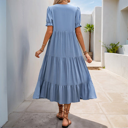 Damen Maxikleid mit Knopfverschluss und Schwingrock Baumwolle Blau