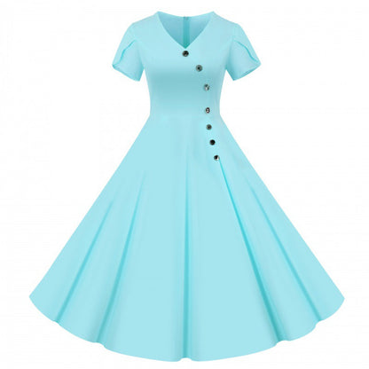 Damen Swingkleid V-Ausschnitt Knöpfe Weit Rock Eveloria