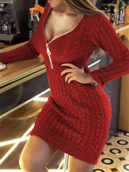 Damen Strickkleid Reißverschluss Zopfmuster Eveloria