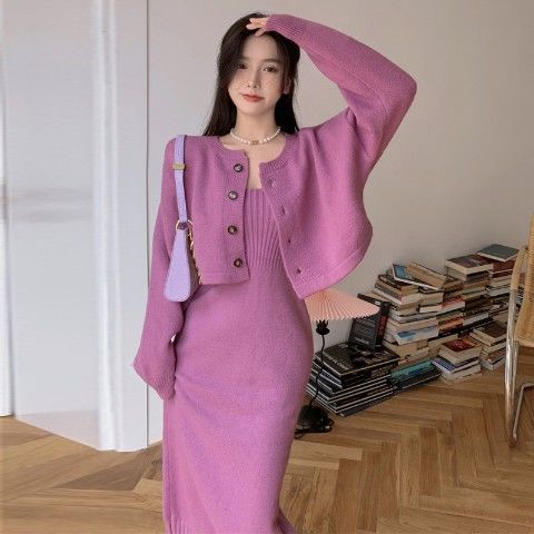 Damen Strickensemble Taillierter Jacke Figurbetontes Kleid