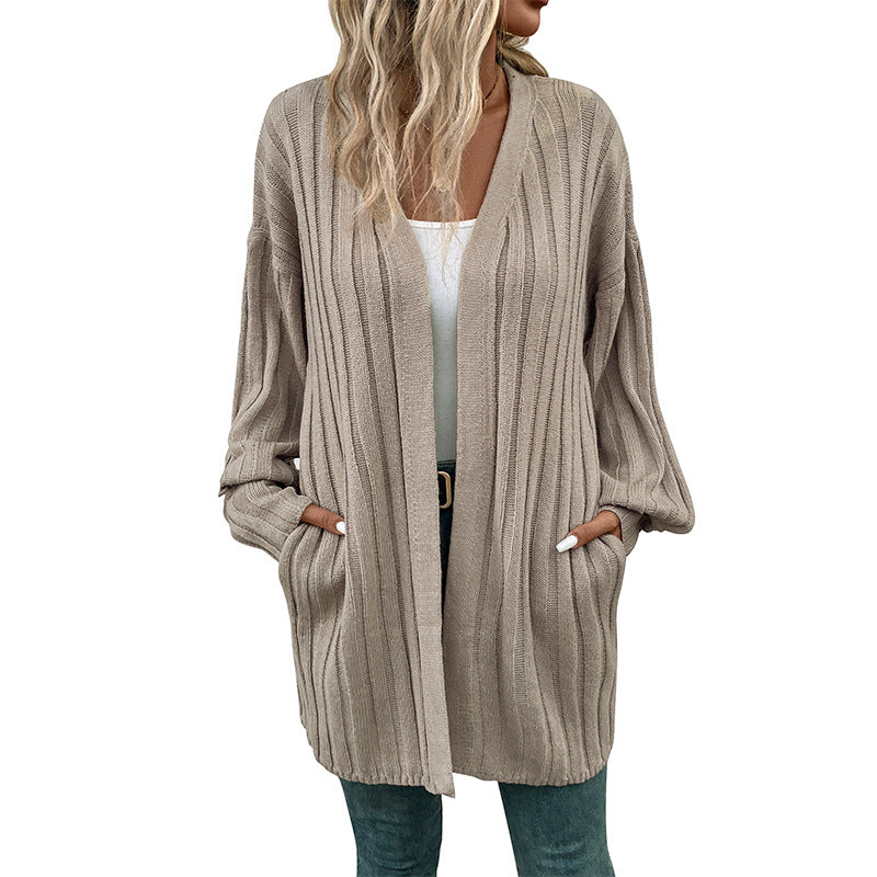 Damen Strickjacke Rippenmuster Locker Schnitt Beige