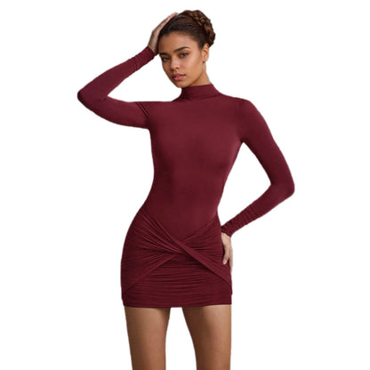 Damen Minikleid Figurbetont Hochkragen Raffungen Eveloria