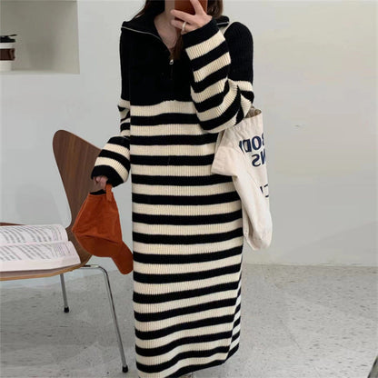 Damen Strickkleid Stehkragen Halb-Reißverschluss Eveloria