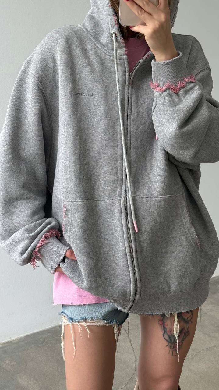Damen Hoodie Oversized mit Fransen Bequem Grau Eveloria