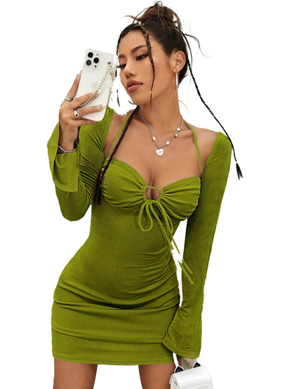 Damen Minikleid Figurbetont V-Ausschnitt Langer Ärmel Eveloria