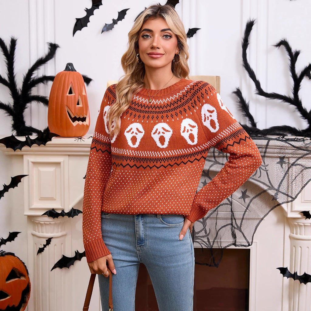 Damen Strickpullover Halloween-Motiv Gemustert