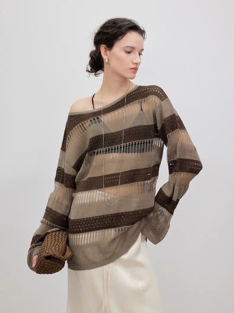 Damen Strickpulli Luftiger Trendy Lochmuster Beige