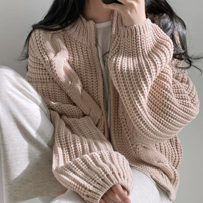 Damen Grobstrickjacke Voluminöse Ärmel Offene Front