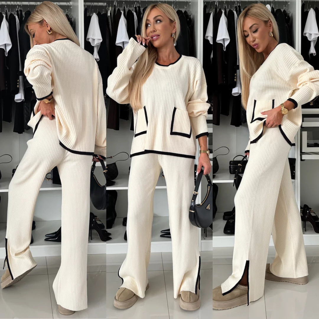 Damen Strick-Loungewear-Set mit Taschen Kontrast-Abschlüsse Grau - Eveloria