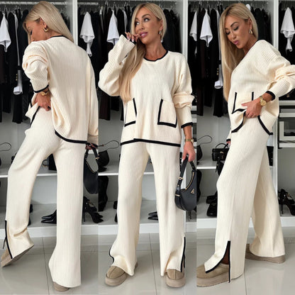 Damen Strick-Loungewear-Set mit Taschen Kontrast-Abschlüsse Grau - Eveloria