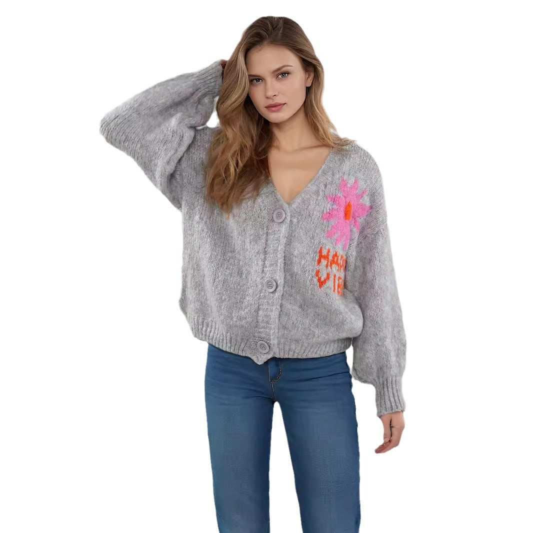 Damen Strickjacke Blumenmotiv Bunt Große Knöpfe