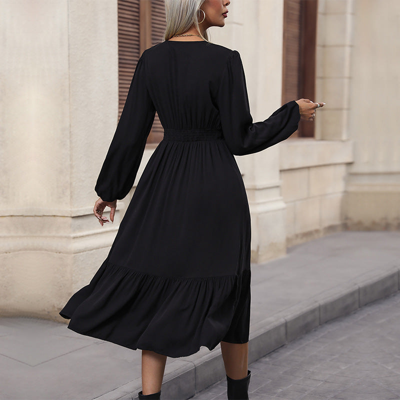 Damen Midi-Kleid V-Ausschnitt Rüschendetails Eveloria