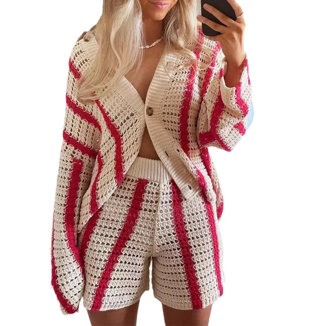 Damen Strickjacke Offene Maschenstruktur Streifenmuster Eveloria