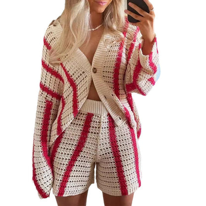 Damen Strickjacke Offene Maschenstruktur Streifenmuster Eveloria