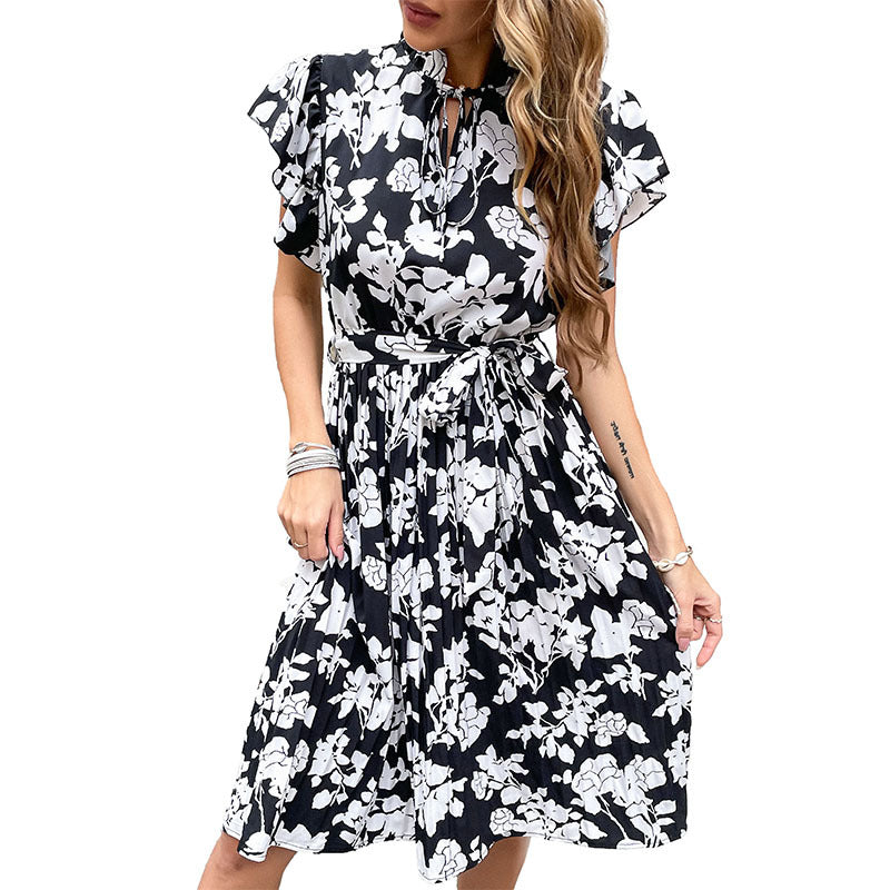Damen Blumenkleid Rüschendetails Bindegürtel Eveloria