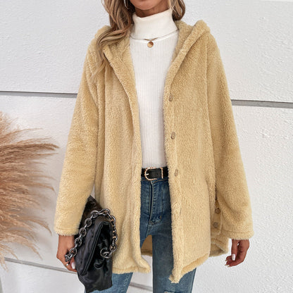 Damen Übergangsjacke Flauschig mit Kapuze und Knöpfen Eveloria