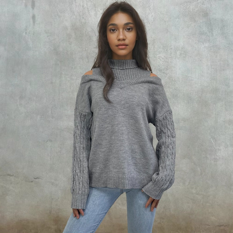 Damen Pullover Schulterfrei Zopfmuster Eveloria