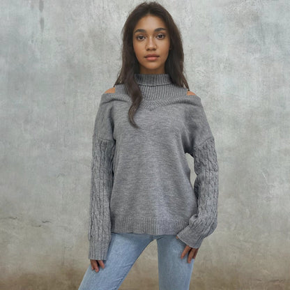 Damen Pullover Schulterfrei Zopfmuster Eveloria