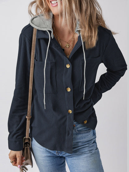 Damen Hemdjacke Gestreift Kapuze Taschen Eveloria