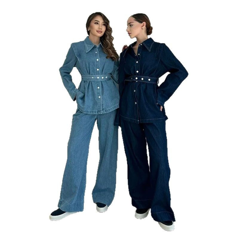 Damen Denimjacke Taillengürtel Blau Eveloria