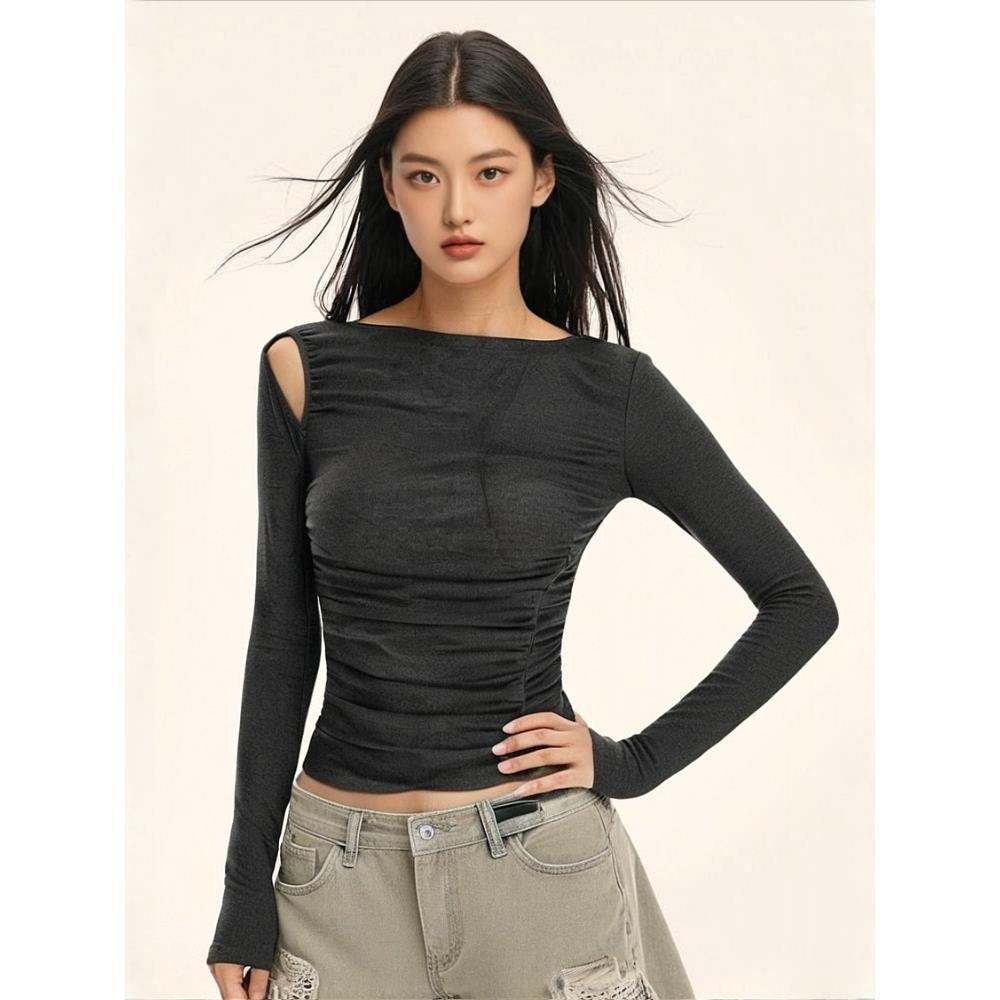 Damen Langarmshirt Asymmetrischer Ausschnitt Figurbetont Eveloria