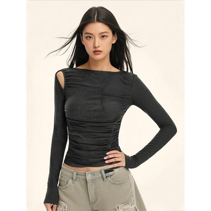 Damen Langarmshirt Asymmetrischer Ausschnitt Figurbetont Eveloria