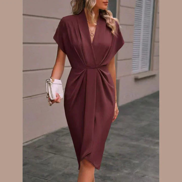 Damen Midikleid V-Ausschnitt Tailliert Kurzärmelig Sommerlich Elegant