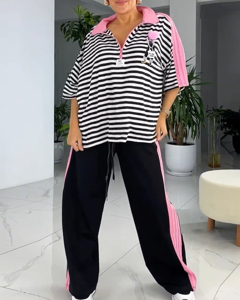 Damen Freizeitset mit Streifen Oberteil und Jogginghosen