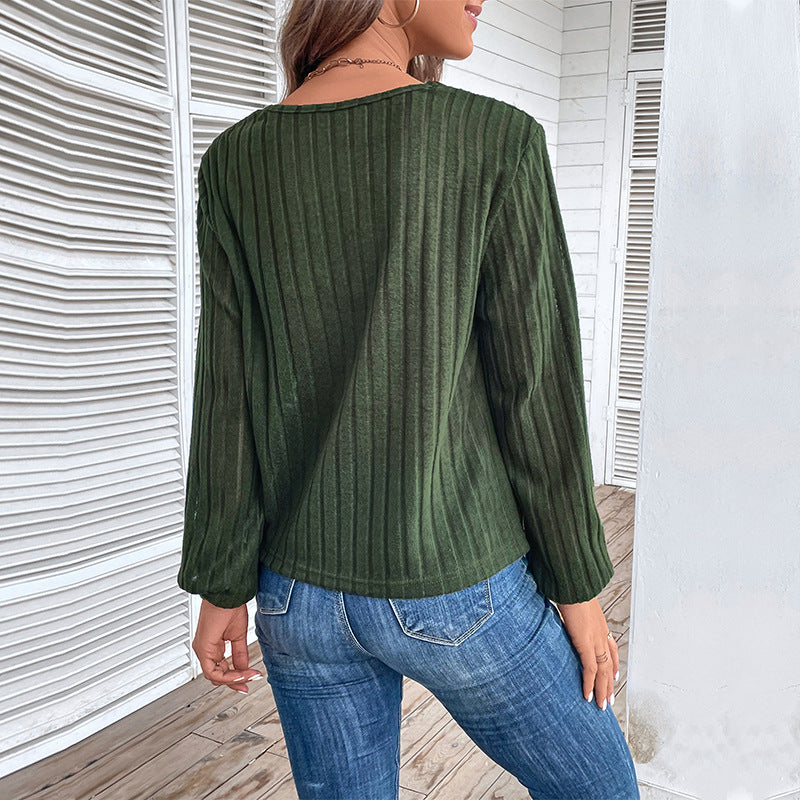 Damen Langarmshirt V-Ausschnitt Dekorative Knöpfe Eveloria
