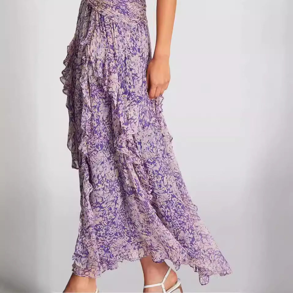 Damen Maxikleid Wickelkleid Rüschendetails Floralmuster Eveloria