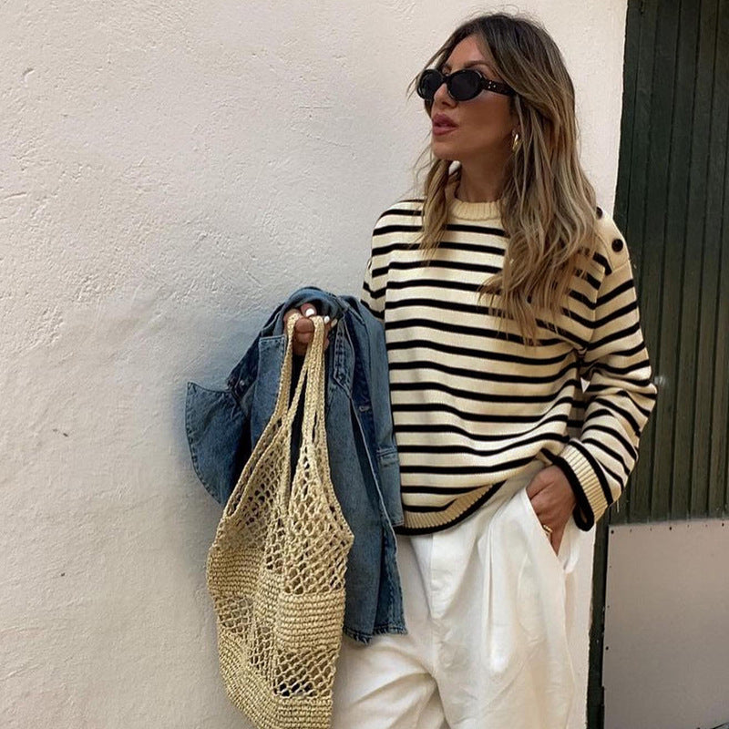 Damen Strickpullover mit Streifenmuster und Knöpfen Eveloria - Eveloria