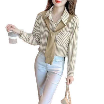 Damen Bluse mit Streifen Lässiger Kragen Weiß
