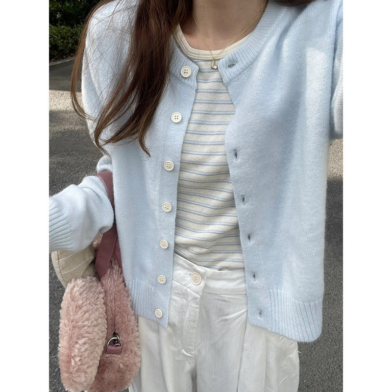 Damen Strickjacke Rundhalsausschnitt Edelknöpfe Beige