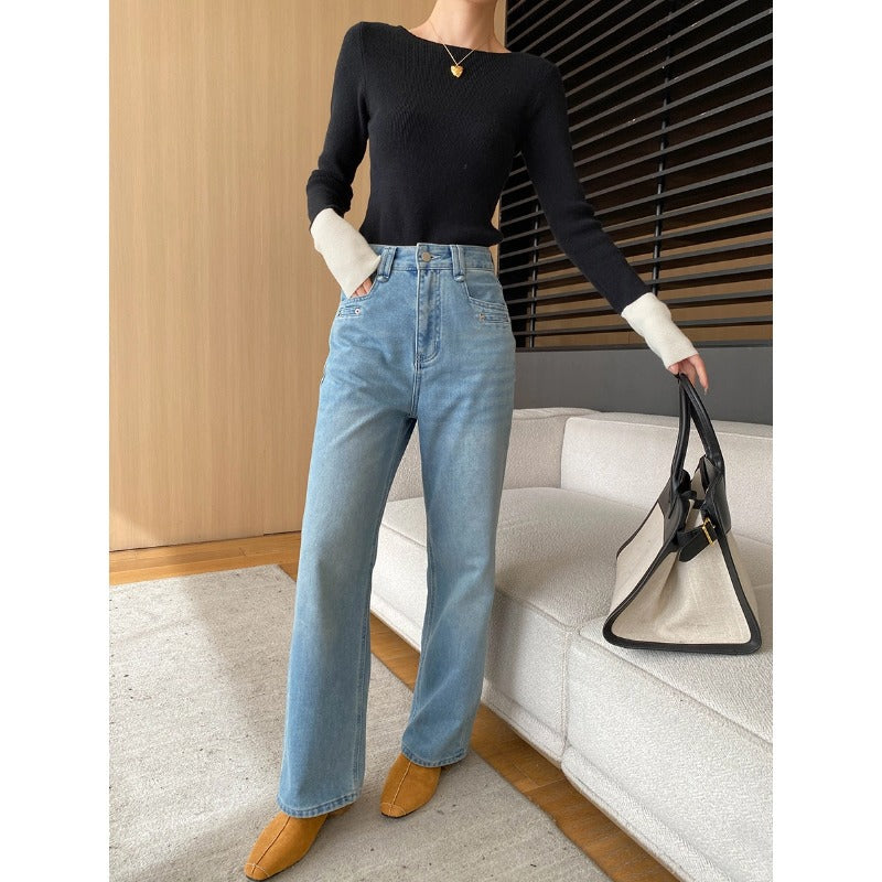 Damen Highwaist Jeans Weites Bein Lässiger Schnitt Eveloria