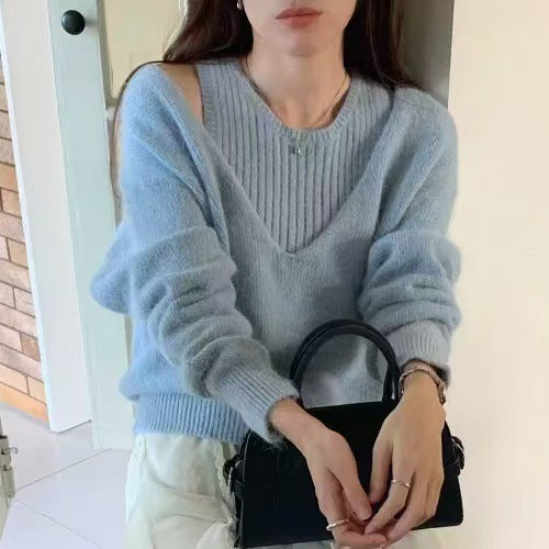 Damen Pullover V-Ausschnitt Strukturiert Grau Eveloria